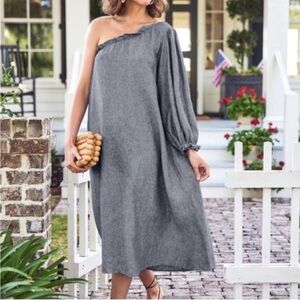 LAKE Blue Milly Linen One Shoulder Balloon Sleeve Midi Dress Size Small